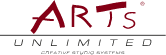 Logo von Arts Unlimited 4 Rent mit rotem Schriftzug "ARTS UNLIMITED" und Claim "Creative Studio Systems"